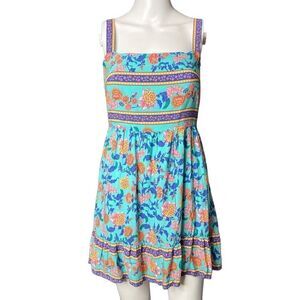 Shareen Floral Boho Mini Dress Turquoise & Orange Size Medium